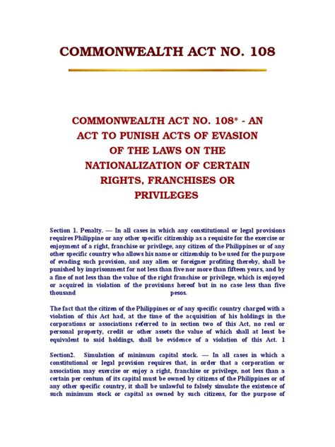 commonwealth act no. 108|Commonwealth Act 108 .